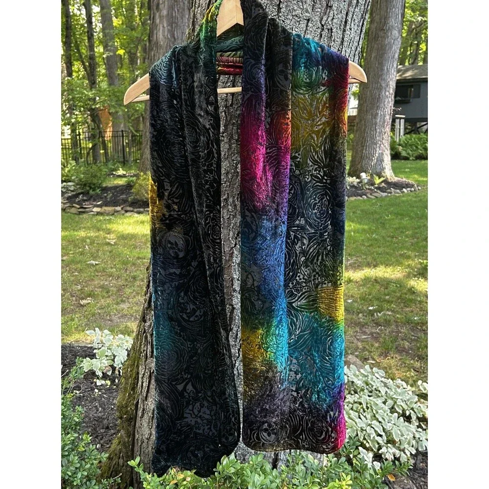 Vintage Chico's Velvet Burnout Scarf Rainbow Colorful Silk Blend Floral Print